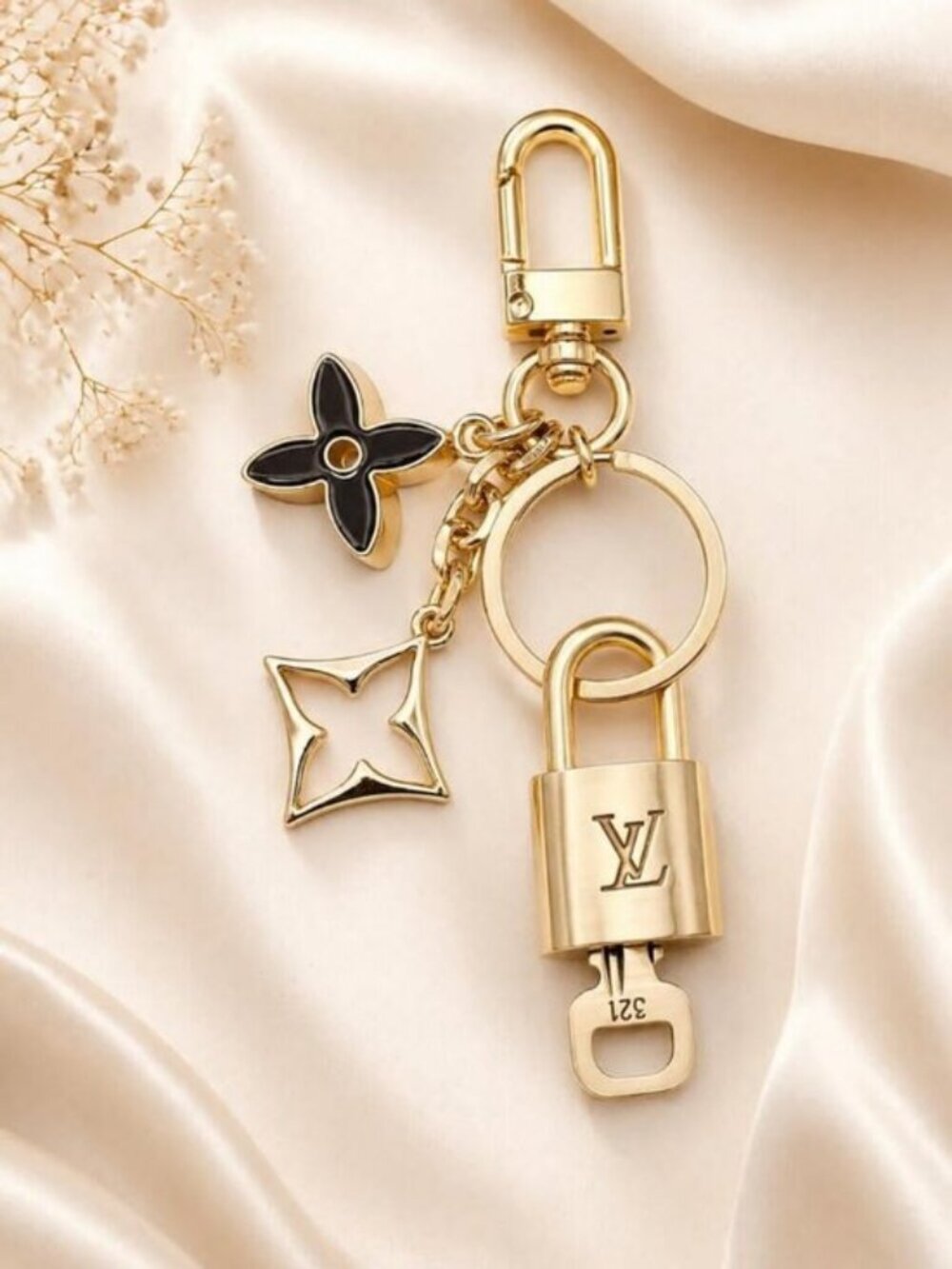 Louis Vuitton Gold Padlock Key 🔒 Authentic LV Charm + Unbranded Flower Keychain